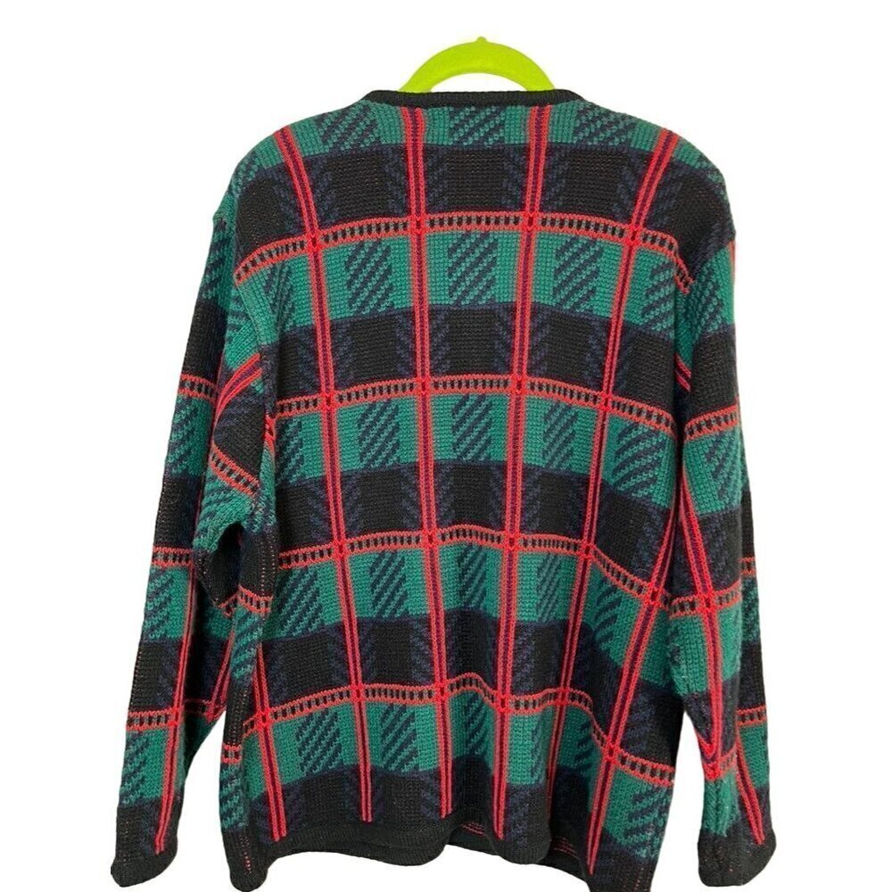 Retro Plaid Knit Sweater XL Red Mod Classic Preppy Boho Festive Holiday Chic 80s - Picture 7 of 13